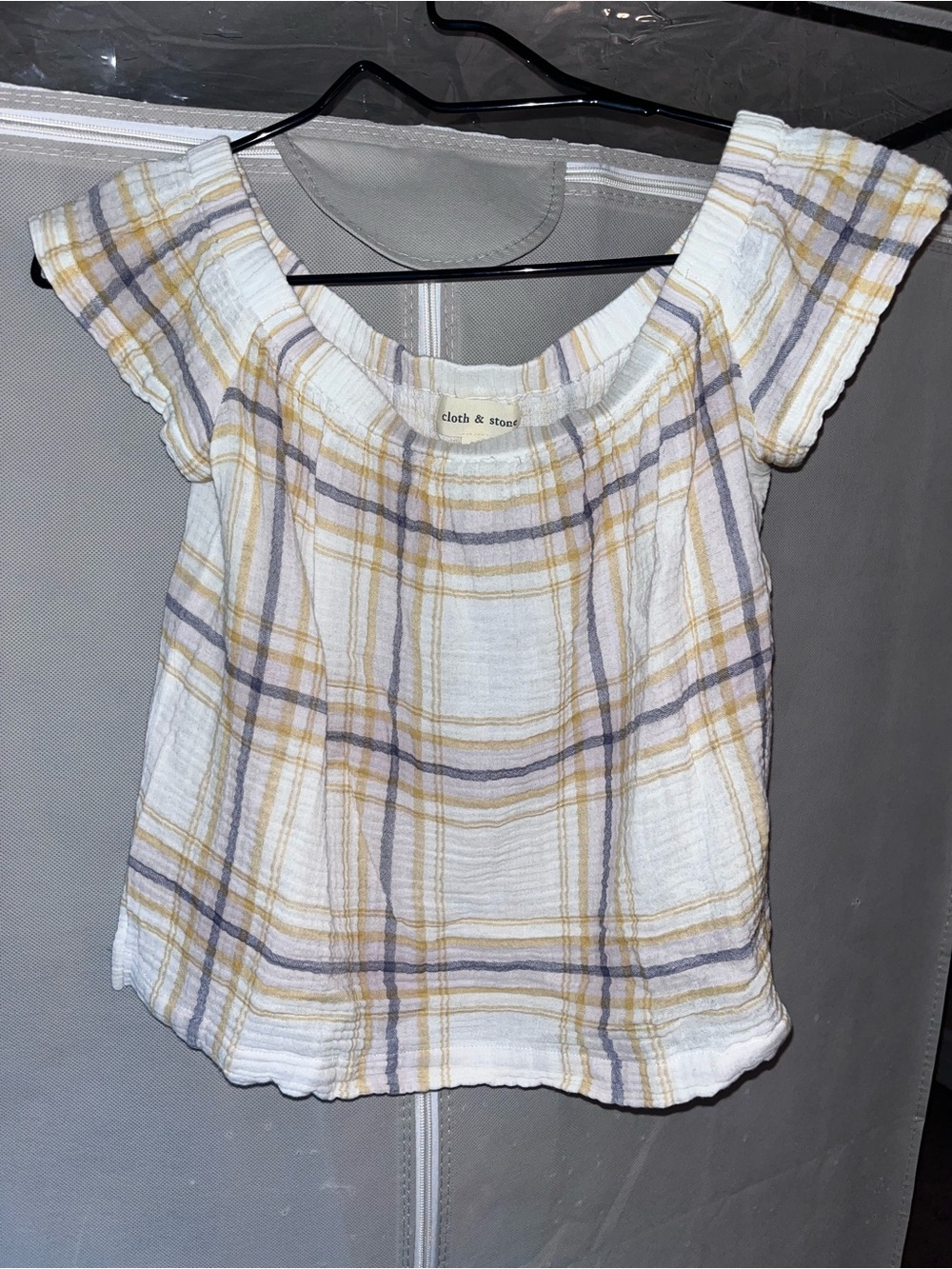 Cloth & Stone Plaid Off The Shoulder Crop Top XS Pastel Textured Gauze Blouse - Picture 3 of 8